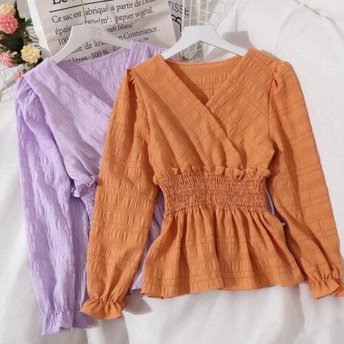 Peplum Top Puff Sleeve Corset Blouse Chiffon Ruffle Shirt Women Tops And Bloues V Neck Vintage Clothes 2020 Korean Autumn Winter