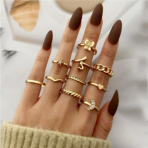 Fashion Moon Crystal Hollow Chain Finger Knuckle Rings Set for Women Bohemian Butterfly Heart Charm Ring Female Jewelry Gifts