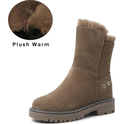 Winter Boots Women Snow Boots Brown Woman Leather Platform Casual Zipper Warm Mid Boot Real Leather Plush Female Women Shoes New