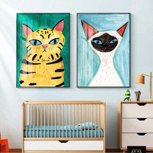 Abstract Cartoon Funny Cat Wall Art Canvas Painting Nordic Posters and Prints Wall Pictures for Living Kids Bedroom Decoration