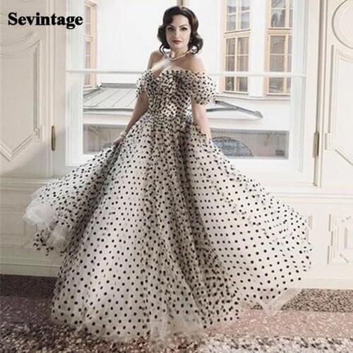 Sevintage White Black Totted Tulle Prom Dresses A Line Off The Shoulder Long Formal Party Gowns Plus Size Evening Dress 2021