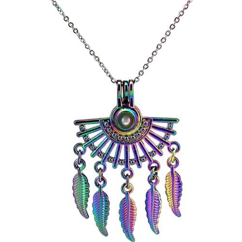 C1048 Rainbow Color Fan Shapes Filigree Bohemian Feather Style Beads Pearl Cage Necklace Pendant Aroma Essential Oil Diffuser