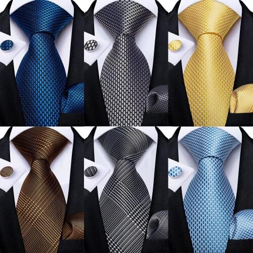 Fashion Blue Silver Plaid Ties For Men Wedding Accessories Mens Neck Tie Handkerchief Cufflinks Cravate Homme Gift For Men