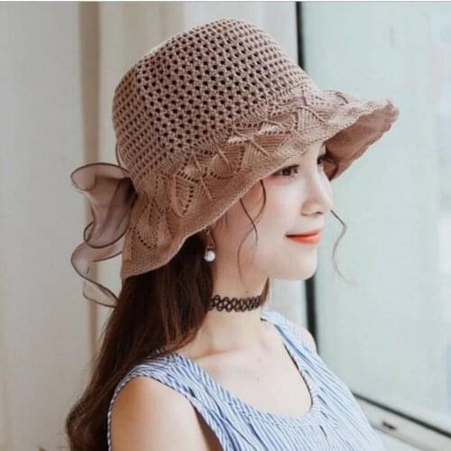 H7465 Sunshade Fisherman Hat Female Summer Japanese Travel Sunscreen Bucket Cap Breathable Korean Bowknot Elegant Basin Caps