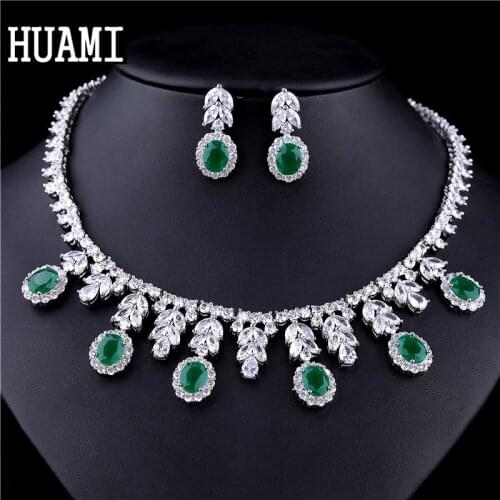 HUAMI Luxury Jewelry Women Bridal Wedding Costume Elegant Girl Trendy Green Color Water Drop Earring Pendant Necklace Set Gift