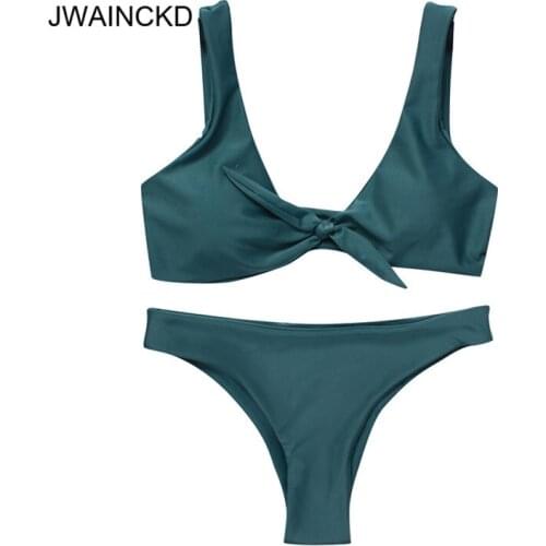 JWAINCKD Bikini Knotted Padded Thong Bikini Set Women Swimwear Swimsuit Scoop Neck Solid High Cut Bathing Suit Brazilian Biquni