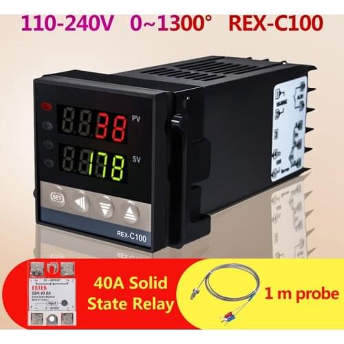 Temperature Controller Voltage 110-240V 0 to 1300 Degree REX-C100 Intelligent Controller +1 Meter Probe +40A Solid State Relay