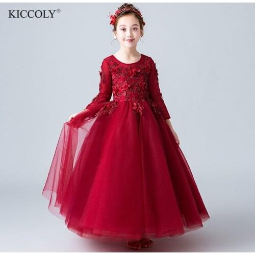 Beaded Appliques Red Tulle Flower Girl Dress Party Pageant Gown Long Sleeve Princess Wedding Dress Kids First Communion Dresses