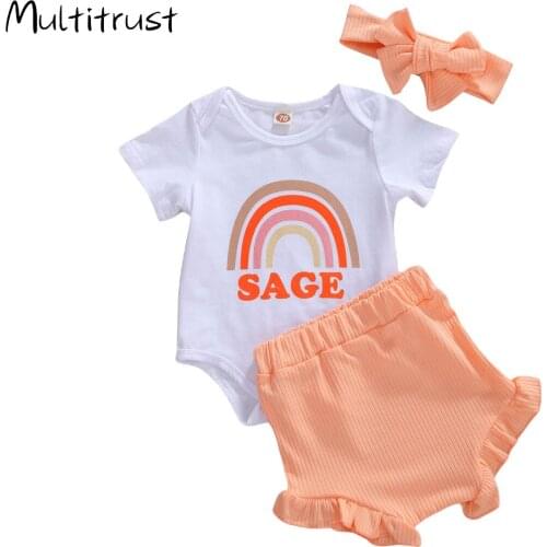 Multitrust 2020 Infant Baby Girl Clothes Short Sleeve Rainbow Bodysuit+ Pink Shorts +Headband 3pcs Outfits 0-24M