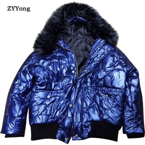 Winter 2020 New Korean Style Men Blue Color High Street Hooded Big Fur Collar Parkas Jacket