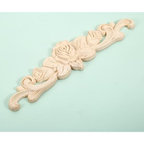 1pc Unpainted Wooden Mouldings Rose Decal Strip Solid Wood Carving Natural Appliques Vintage Flower Decor European Palace 20*5cm
