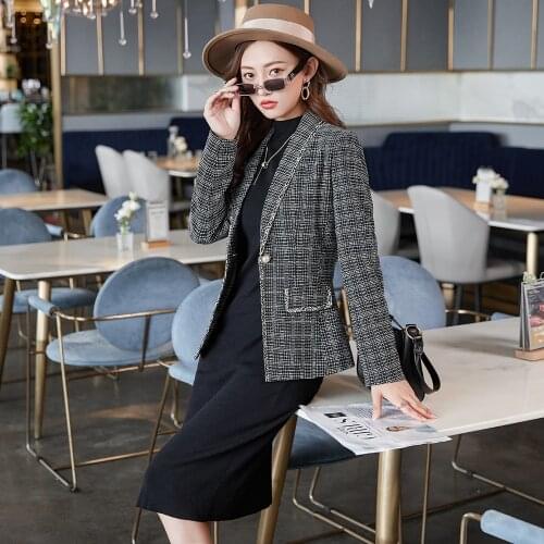 2021 New Autumn Winter White Black Women Chic Blazers Long Sleeve Coat Female Outerwear Office Lady Jacket Plaid Workwear Tops