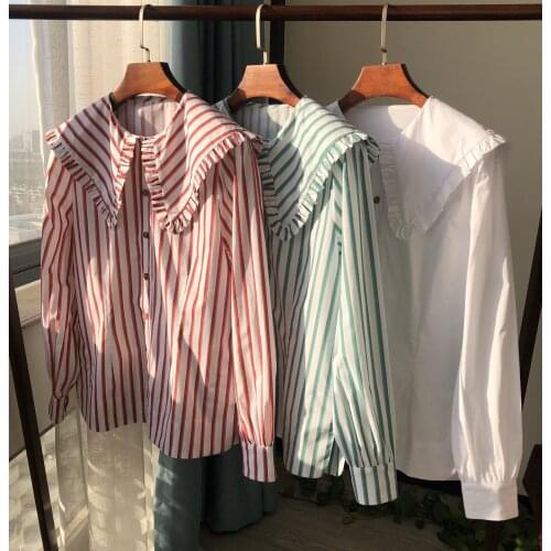 2021 Spring and Summer New Long-sleeved Single-breasted Ruffled Collar Sweet Wild Striped Shirt