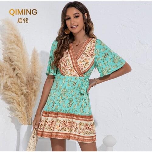 New Spring Sexy Summer Beach holiday Wind Short Sleeve Deep Female V-neck Large Pendulum Print Dress Women Casual Colorful