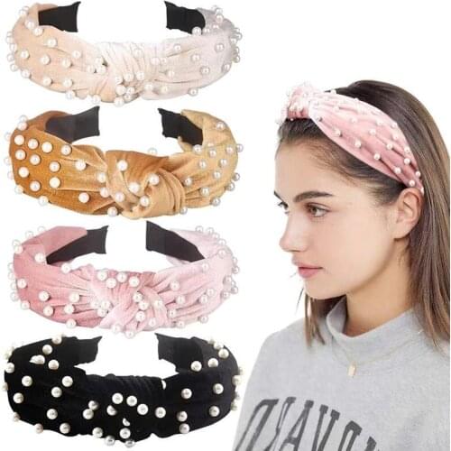 Chic lace womens hair band shiny imitation pearl coat cross knot wide hair band hair hoop womens hair band girl headdress