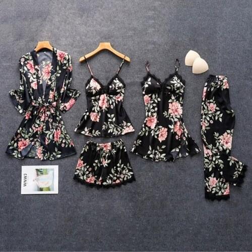 Pajamas for Women Pijama Mujer 5 Pieces Set Sexy Ladies Pyjama Sleepwear Women Pajama Sets Sleep Lounge with Chest Pads Homewear