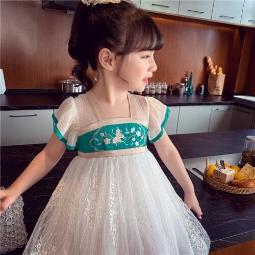 Girls Dress 2021 Summer Round Neck Flying Sleeve Baby Net Yarn Floral Chiffon Chinese Ethnic Style Children Cheongsam Dress Girl