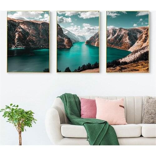 Scandinavia Mountain Lake Landscape Poster Blue Sky And White Cloud Art Print Forest Wall Art Canvas Painting Picture Home Decor