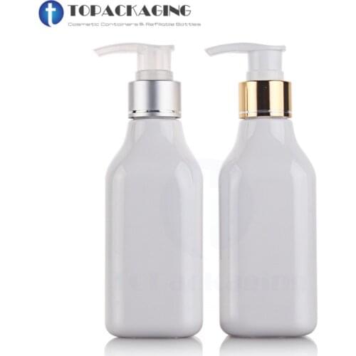 30*200ML Lotion Pump Bottle Empty Square Plastic Cosmetic Container White Refillable Makeup Essential Oil Shampoo Aluminum Ring