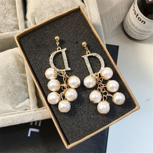Pearl Chain Letter D Earrings Women Luxury Crystal Big Shiny Dangle Hanging Earring Statement 2021 Fashion Wedding party Jewelry