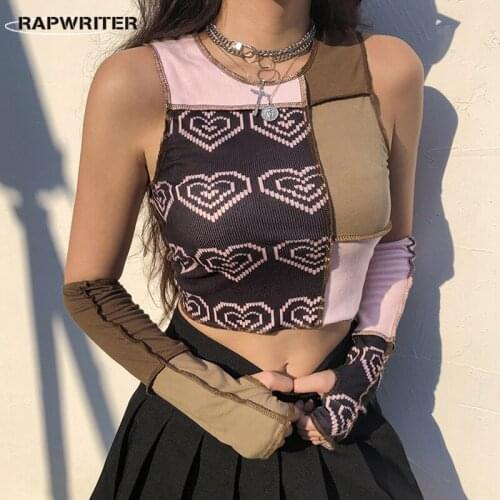 Rapwriter y2k Patchwork Crop Top Vintage Knitted Tank Top Harajuku Sleeveless Corset Casual Streetwear 90s Trendy Women Clothing