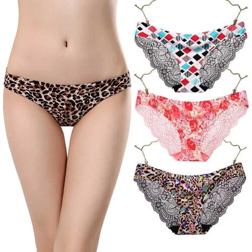 Fashion Womens Sexy Lace Panties Seamless Underwear Leopard Ice Silk for Girl Cotton Crotch Hollow Out Transparent Lingerie