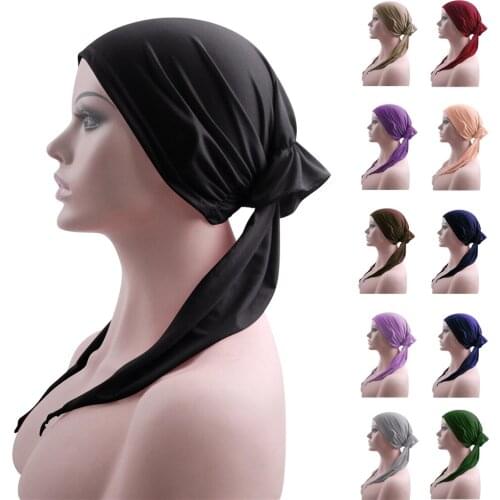 Islamic Women Turban Hair Loss Bonnet Head Scarf Headwear Cancer Hat Chemo Cap Head Cover Beanie Wrap Long Tail Solid Color