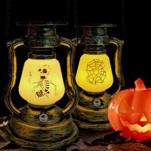 Vintage Solar Lantern Halloween Holiday LED Flame Outdoor Camping Lantern Rechargeable Bar Party Light Pumpkin Skull Decoration