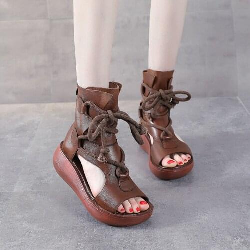 Womens Summer High-heeled Suede Leather Womens Shoes New High-top Leather Wedge Sandals Thick-soled Fish Mouth Sandals