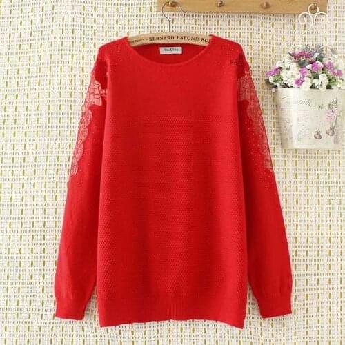 Plus Size 2XL-4XL Womens Sweaters Hallow Out Lace Long Sleeved Officewear Pullover Oversized Tops