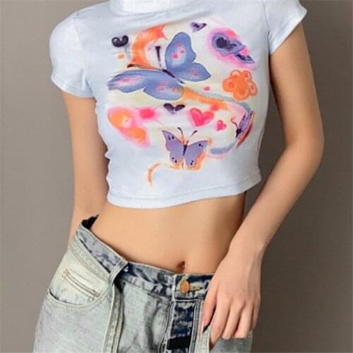 Butterfly Print 90s Grunge Fairycore Top Sexy Y2K 90s TShirt Tops Summer Women Vintage Harajuku O Neck Crop Tops Tees Streetwear