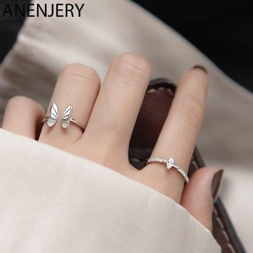 ANENJERY 925 Sterling Silver 2 in 1 Combination Ring Jewelry Three Dimensional Zircon Butterfly Ring for Women Adjustable S-R912