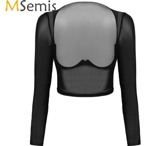 Womens Lingerie Sexy Crop Top See-through Mesh Underwire Top Long Sleeve Open Front Sheer T-shirt Tops Sexy Nightwear Sleepwear