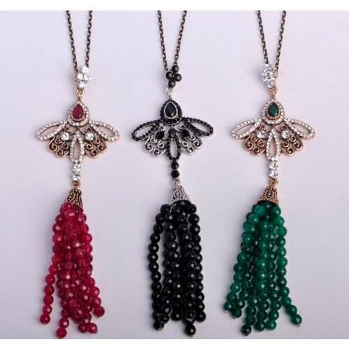 Blucome Clearance Turkish Royal White Beads Tassel Necklace Big Long Pendant Vintage Statement Necklace For Women Party Sweater
