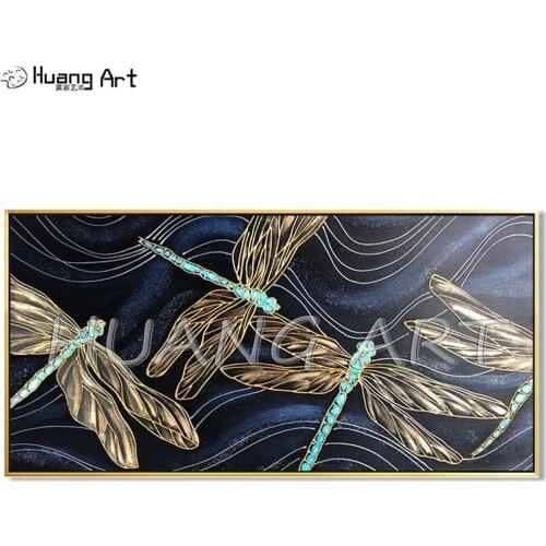Golden Line Dragonfly Wall Painting Hand-painted Animal Texture Oil Painting on Canvas for Room Decor Modern Dragonfly Painting