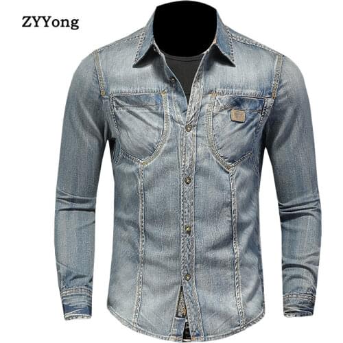ZYYong New Fashion Lapel Long Sleeve Mens Denim Shirt Retro Slim Blue Motorcycle Style Streetwear Leisure Thin Coat