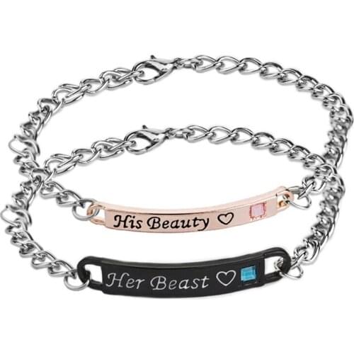 1PCS Her King His Queen Couple Bracelets His Beauty Her Beast Heart Crown High Quality Rhinestone Charm Bracelet For Lovers Gift