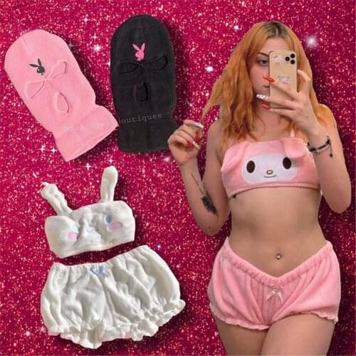 2 Pcs Women Kawaii Pajamas Sleepwear Adults Cute Spaghetti Strap Dog/Bunny Tank Crop Top + Shorts Loungewear