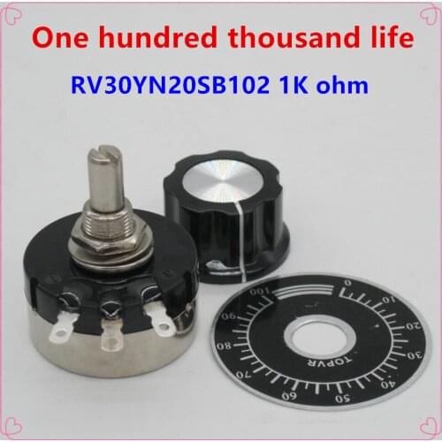 2pcs RV30YN20S B102 3W , 1K ohm Adjustable Resistance of Single Ring Carbon Film Potentiometer + 2pcs A03 knob + 2pcs dials