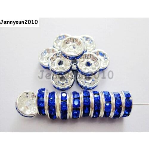 200pcs/lot 10mm Top Quality Czech Crystal Royal Blue Rhinestone Pave Rondelle Metal Silver Plated Spacer Loose Beads Jewelry