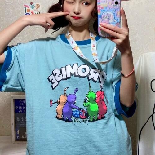 2021 Cute Cartoon Graphic T Shirts Contrast Color Casual Oversize Women T-Shirts Summer Plus Size Korean Fashion Goth Punk Teens