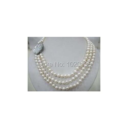 3rows freshwater pearl white round 18-20inch necklace nature flower clasp FPPJ wholesale beads