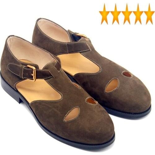 Scrub Brown Retro Cowhide Unisex Buckle Slip On Sandals Fashion High Street British Hollow Out Breathable Casual Shoes Plus Size