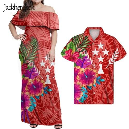 Jackherelook Hawaii Off Shoulder Long Dress Vintage Red Polynesian Tribal Floral Kosrae Print Summer Outfits for Couples 2021
