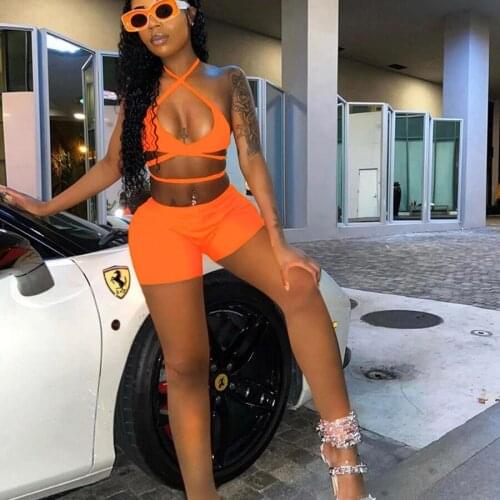 DSMTRC 2021 Summer Fashion Sleeveless Backless Streewear Female Outfits Solid Cross Halter Strapless Women Two Piece Sets