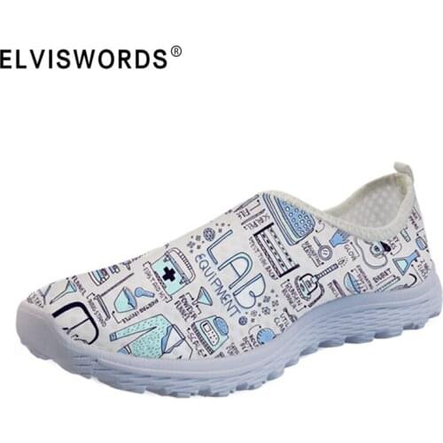 ELVISWORDS Light Weight Air Mesh Shoes Cute Nurse Pattern Breathable Sneakers Fashion Summer Beach Slip-On Loafers Woman Flats