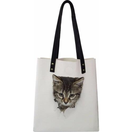 Customized Girl Shopping Bag Tote Cat Printed Eco Bag PU Leather Women Reusable Handbags Portable Daily Bag with Small Wallets