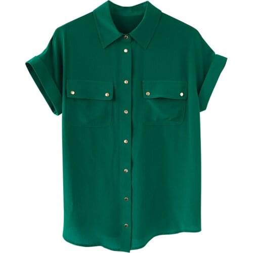 Italy ! King fried money! You will fall in love with the upper body! Womens short-sleeved silk shirt with double pockets