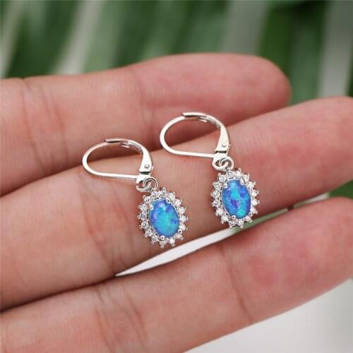 Dainty Crystal Oval Stone Dangle Earrings Cute Female White Blue Opal Drop Earrings Boho Silver Color Wedding Earrings For Women