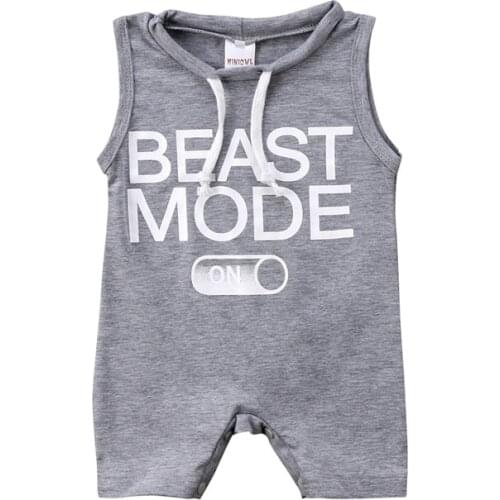 Newborn Baby Boy Romper Sleeveless Summer Gray BEAST MODE ON Printed Rompers Jumpsuit Cotton Boys Clothing Cute Outfits